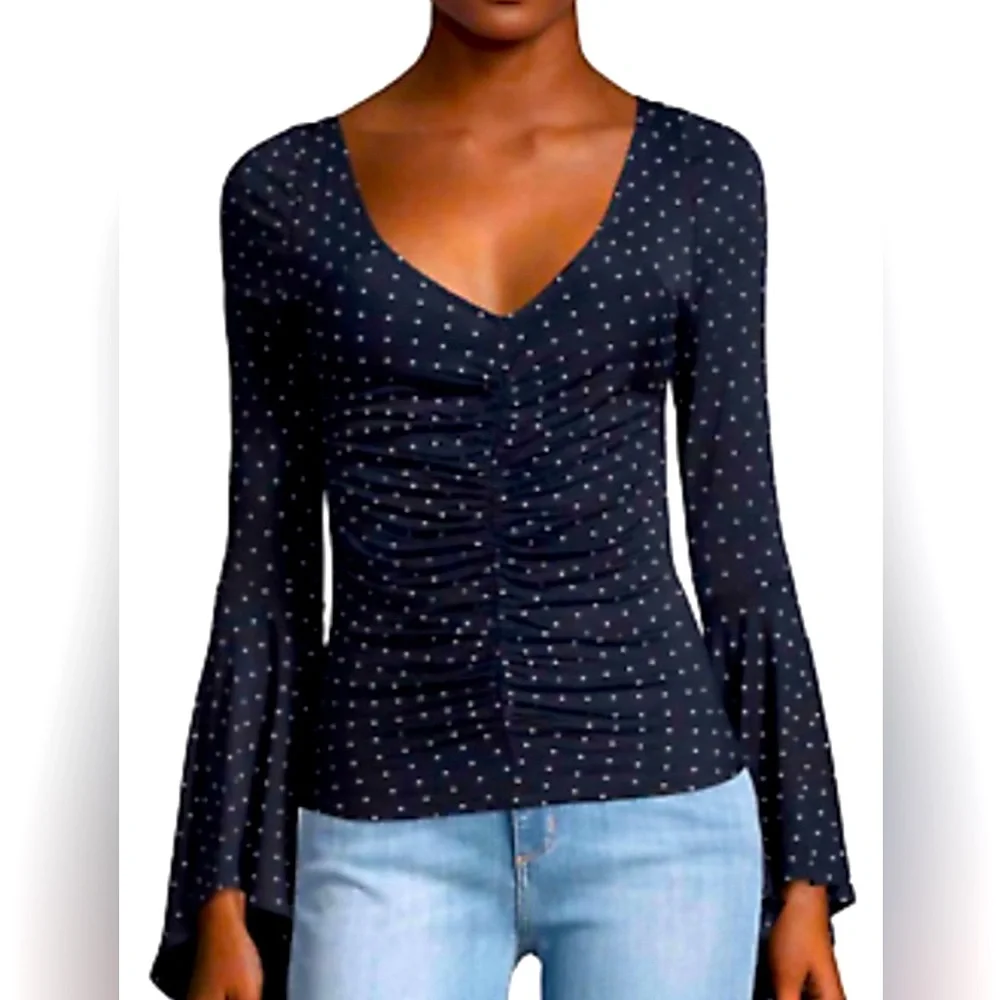 💫 FREE PEOPLE What A Babe Top Black with White Polka Dot Bell Sleeve Blouse NWT - Picture 4 of 15